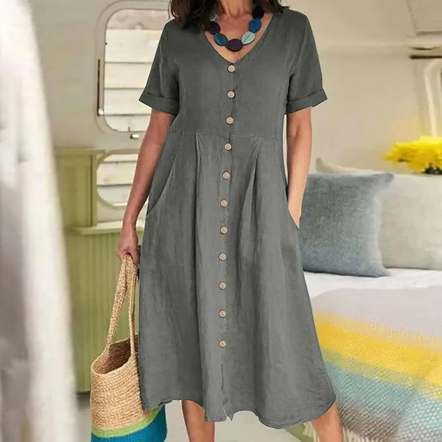 Button Down Dress for Women Linen Maxi Dress with Pockets Short Sleeves Boho Flowy Midi Dresses Womens Summer Outfits
