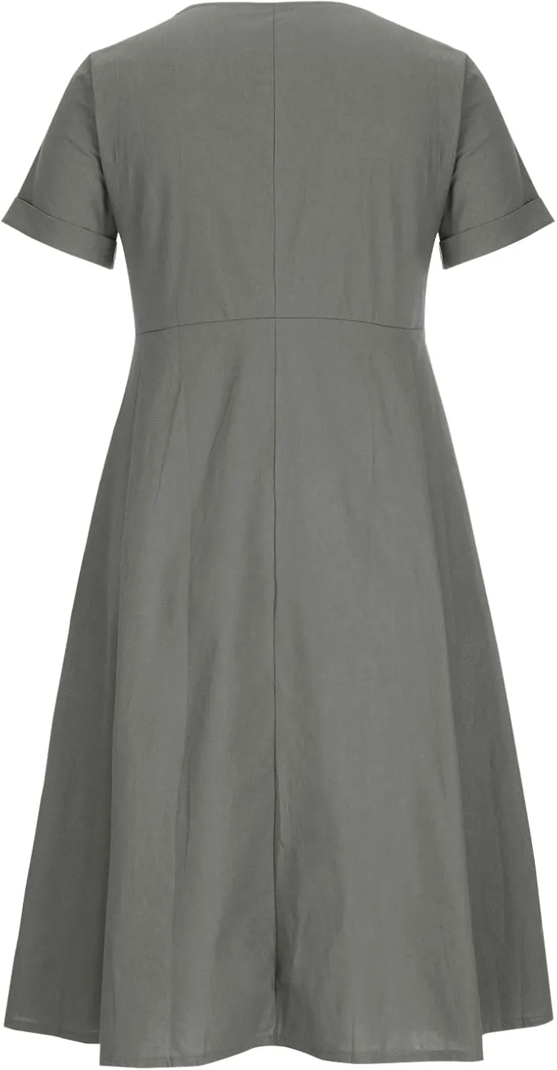 Button Down Dress for Women Linen Maxi Dress with Pockets Short Sleeves Boho Flowy Midi Dresses Womens Summer Outfits