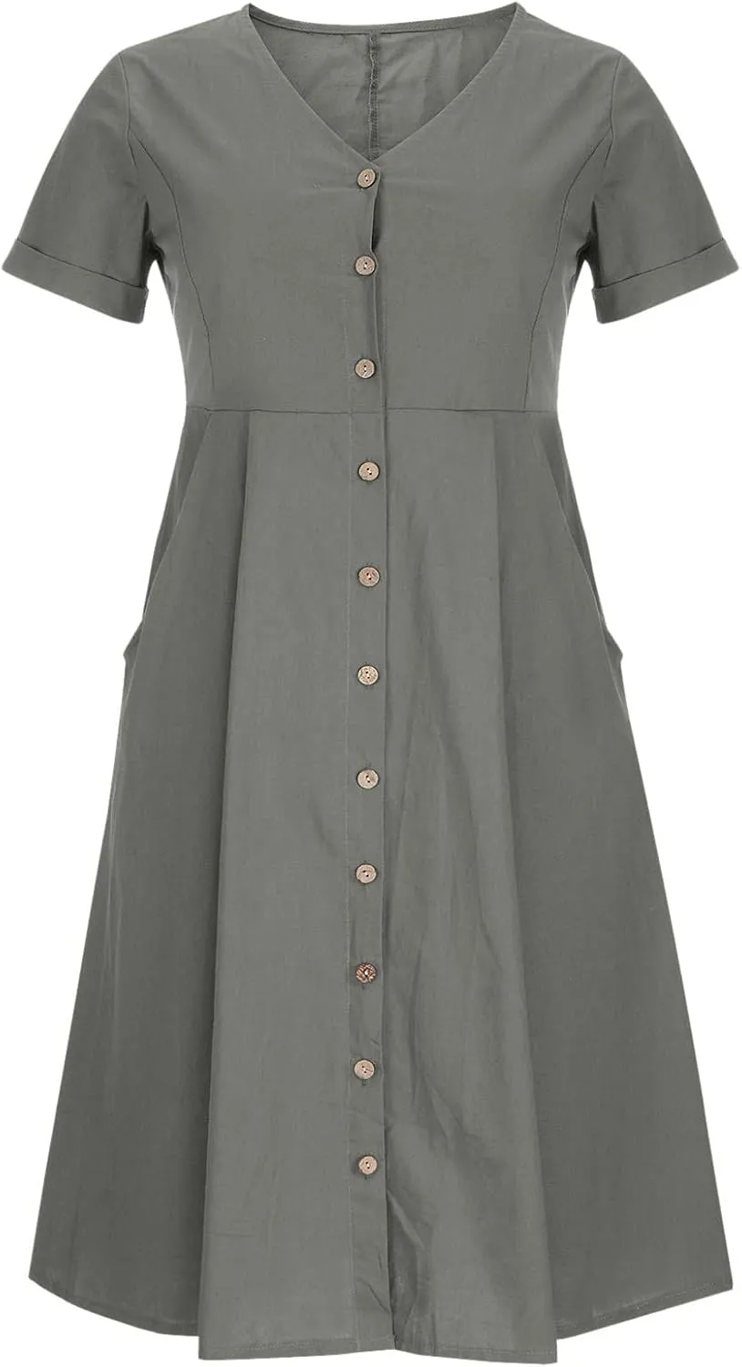 Button Down Dress for Women Linen Maxi Dress with Pockets Short Sleeves Boho Flowy Midi Dresses Womens Summer Outfits