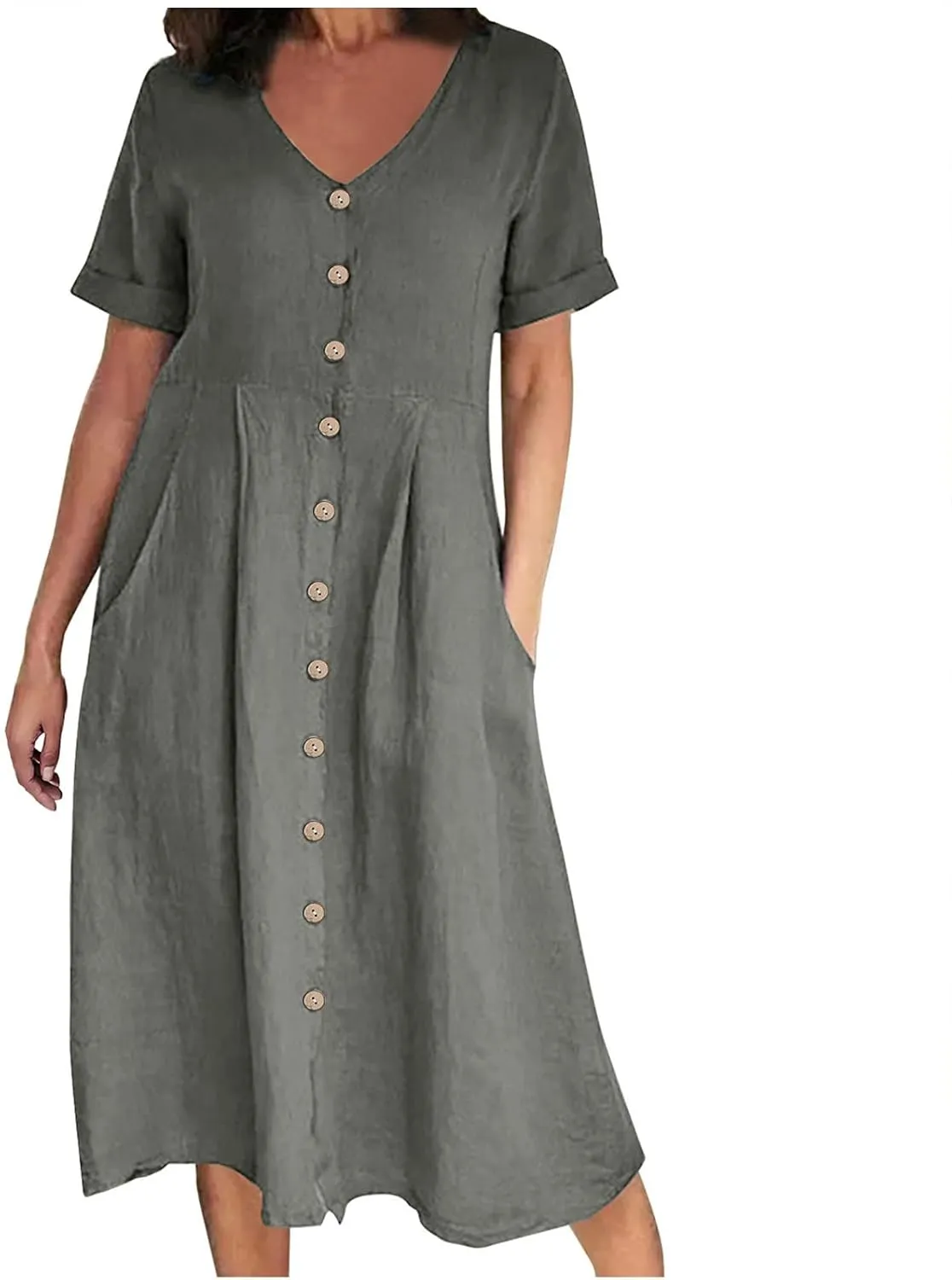 Button Down Dress for Women Linen Maxi Dress with Pockets Short Sleeves Boho Flowy Midi Dresses Womens Summer Outfits