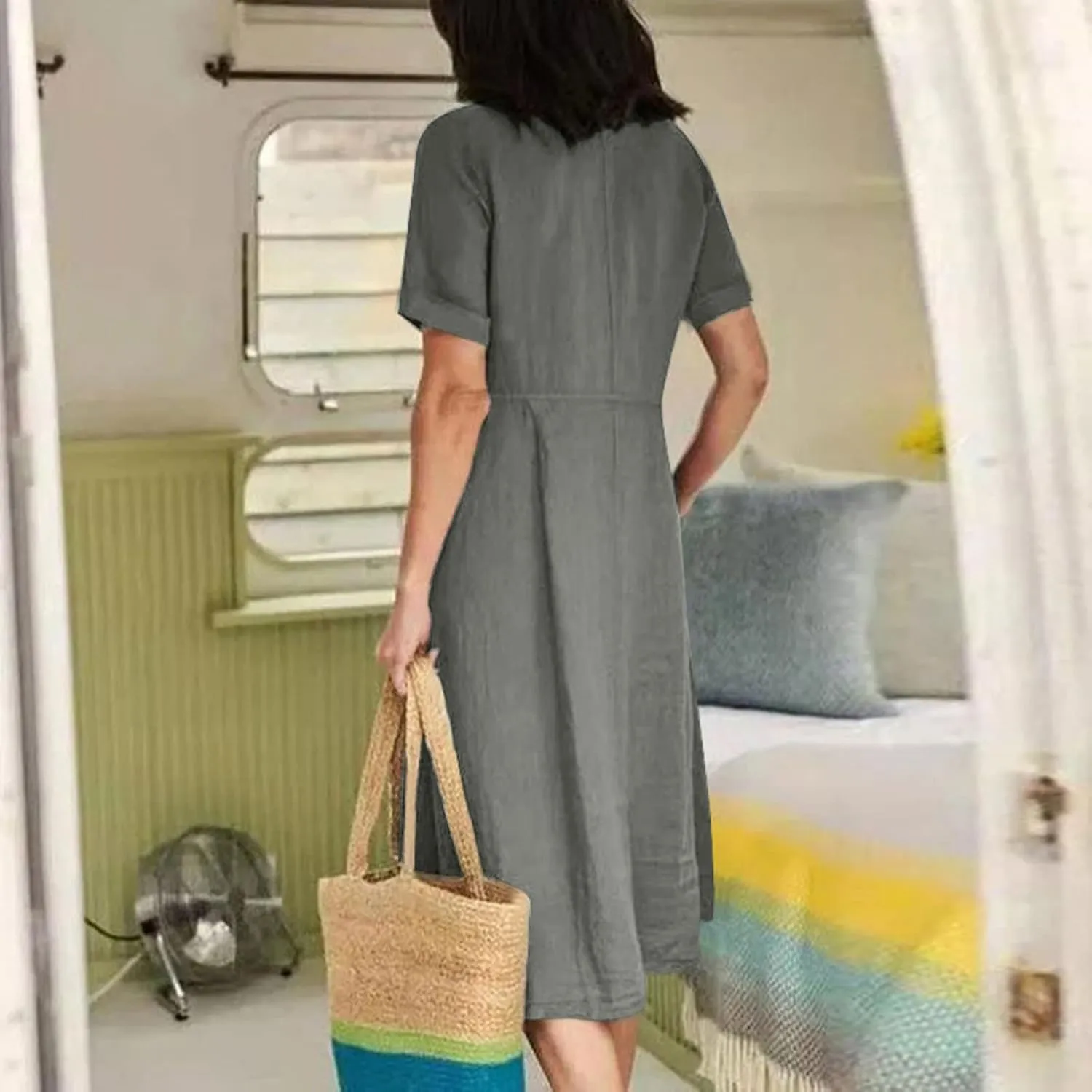 Button Down Dress for Women Linen Maxi Dress with Pockets Short Sleeves Boho Flowy Midi Dresses Womens Summer Outfits