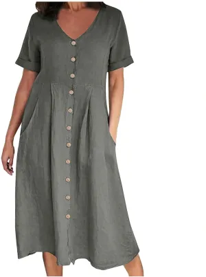Button Down Dress for Women Linen Maxi Dress with Pockets Short Sleeves Boho Flowy Midi Dresses Womens Summer Outfits