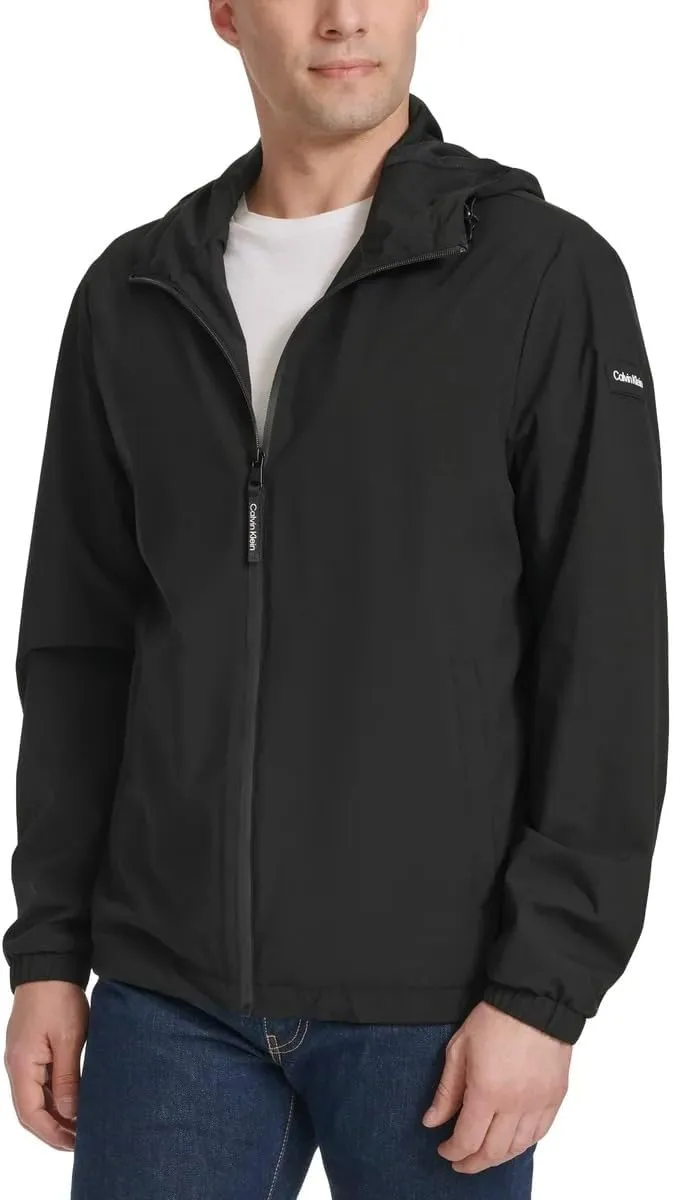 Calvin Klein Mens Full Zip Hooded Windbreaker Jacket - Lightweight Two Front Zip Pockets