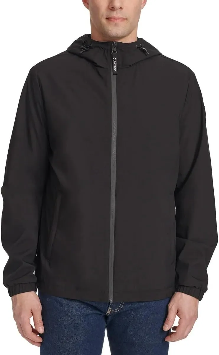 Calvin Klein Mens Full Zip Hooded Windbreaker Jacket - Lightweight Two Front Zip Pockets
