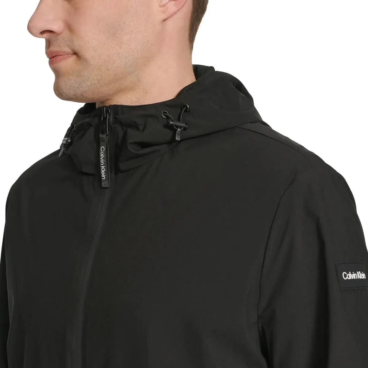 Calvin Klein Mens Full Zip Hooded Windbreaker Jacket - Lightweight Two Front Zip Pockets