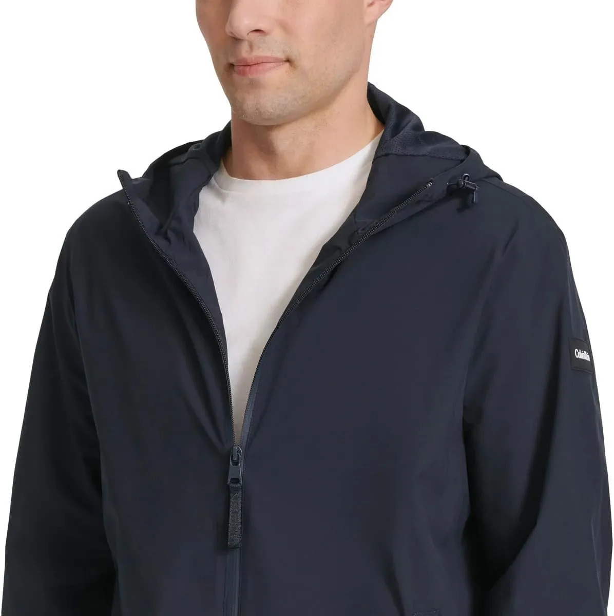Calvin Klein Mens Full Zip Hooded Windbreaker Jacket - Lightweight Two Front Zip Pockets