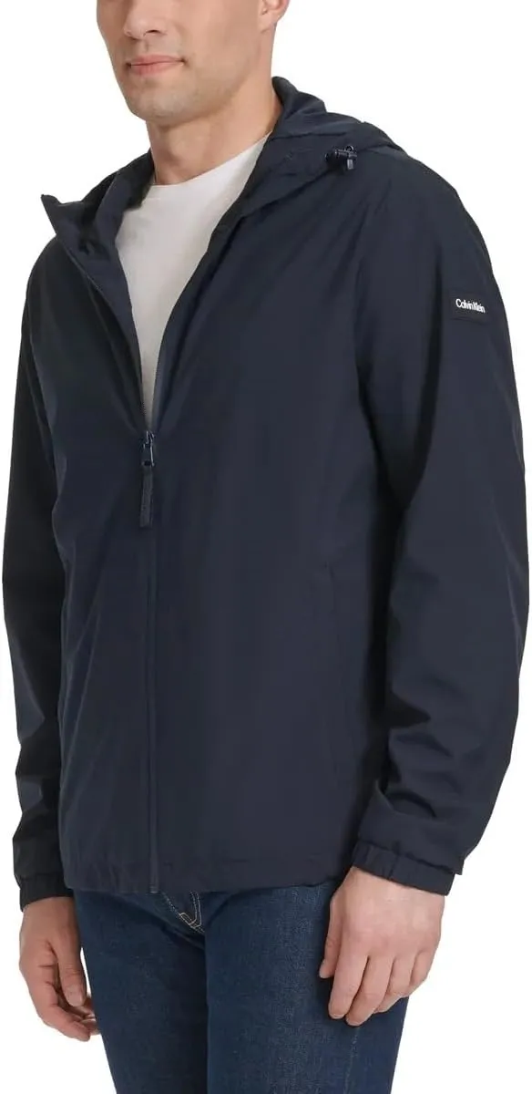 Calvin Klein Mens Full Zip Hooded Windbreaker Jacket - Lightweight Two Front Zip Pockets