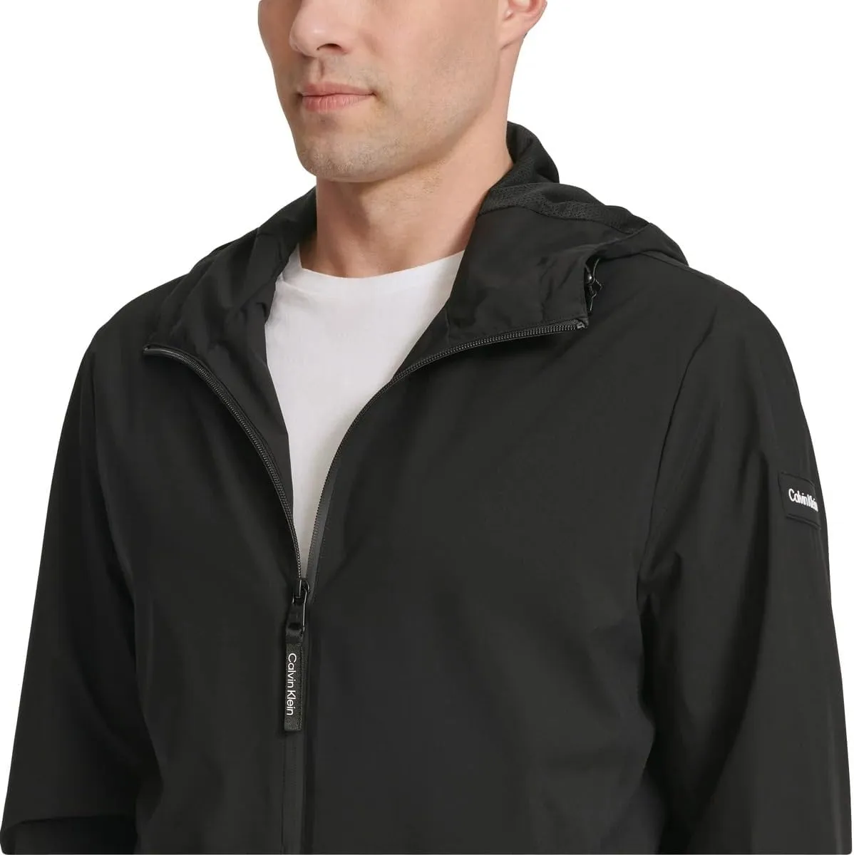 Calvin Klein Mens Full Zip Hooded Windbreaker Jacket - Lightweight Two Front Zip Pockets