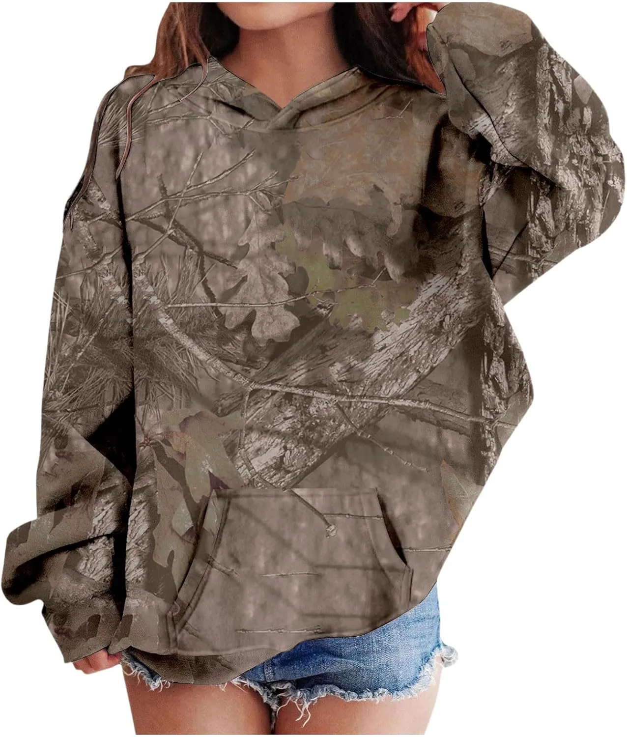 Camo Hoodies for Teen Girls Cute Sweatshirt Maple Leaf Print Oversized Fleece Sweatshirts Pullover Tops with Pocket