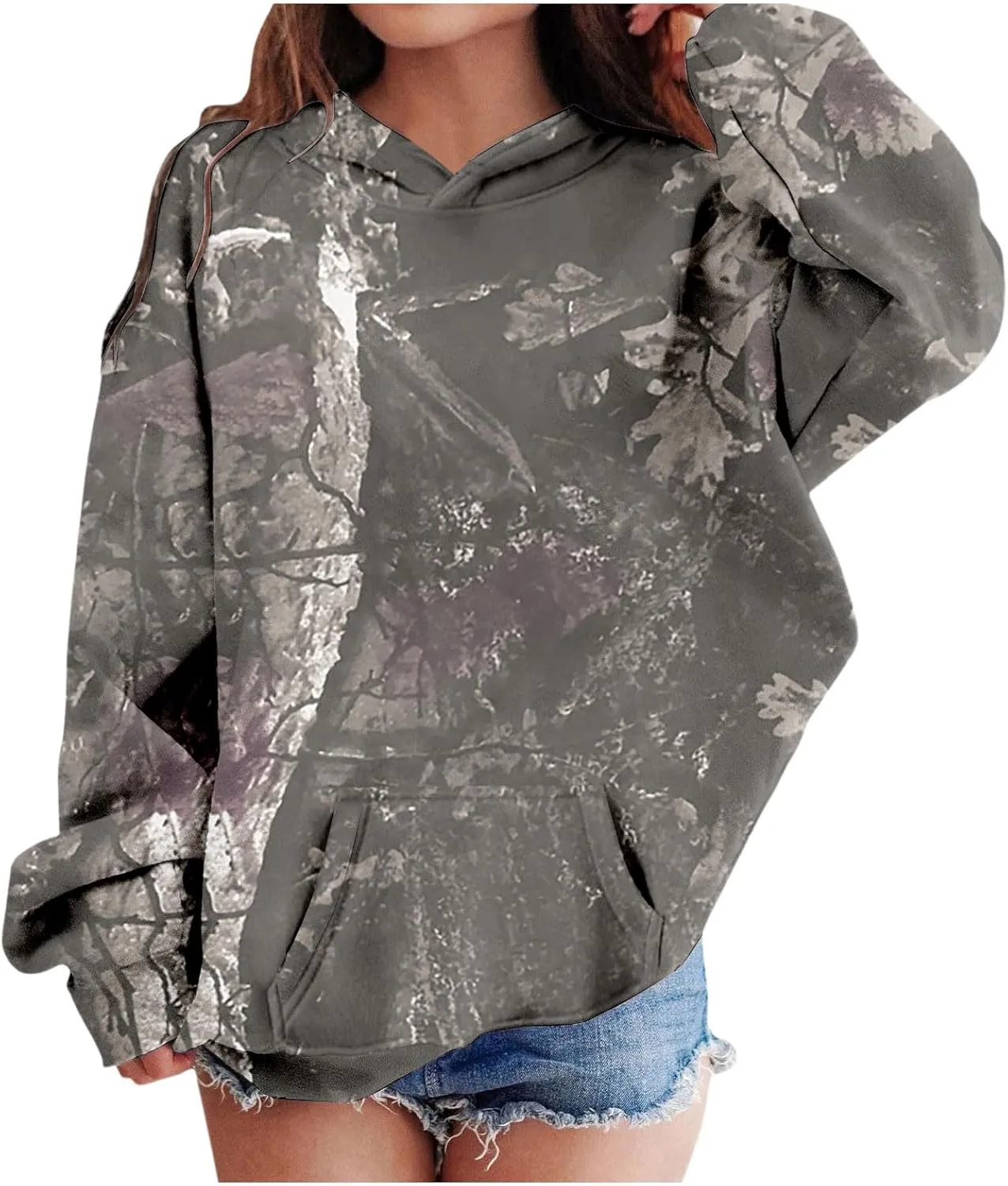 Camo Hoodies for Teen Girls Cute Sweatshirt Maple Leaf Print Oversized Fleece Sweatshirts Pullover Tops with Pocket