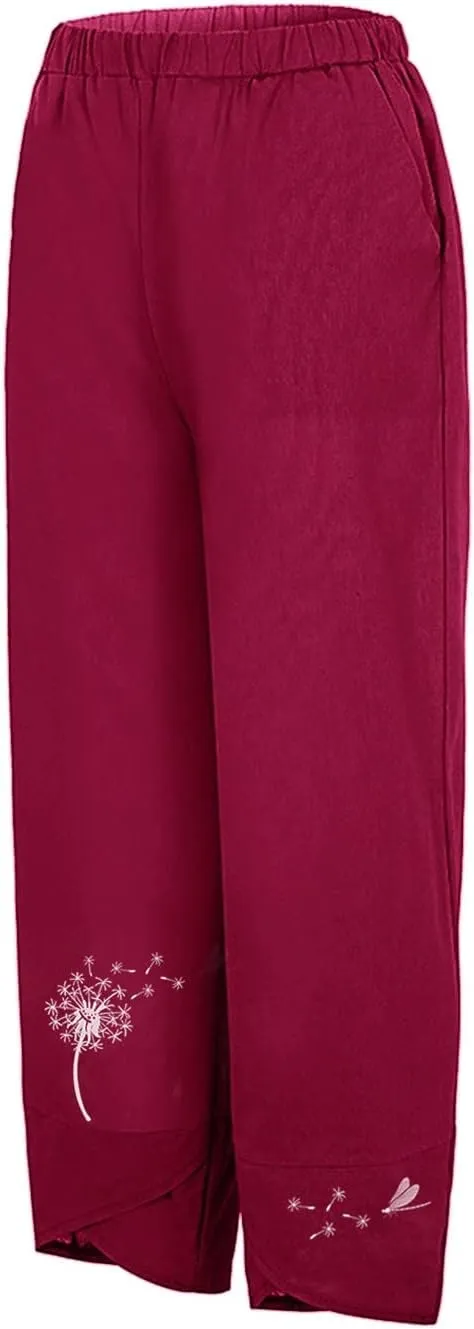 Capri Pants for Women Boho Summer Elastic Waist Casual Pants Butterfly Lightweight Straight Leg Trousers