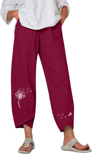 Capri Pants for Women Boho Summer Elastic Waist Casual Pants Butterfly Lightweight Straight Leg Trousers