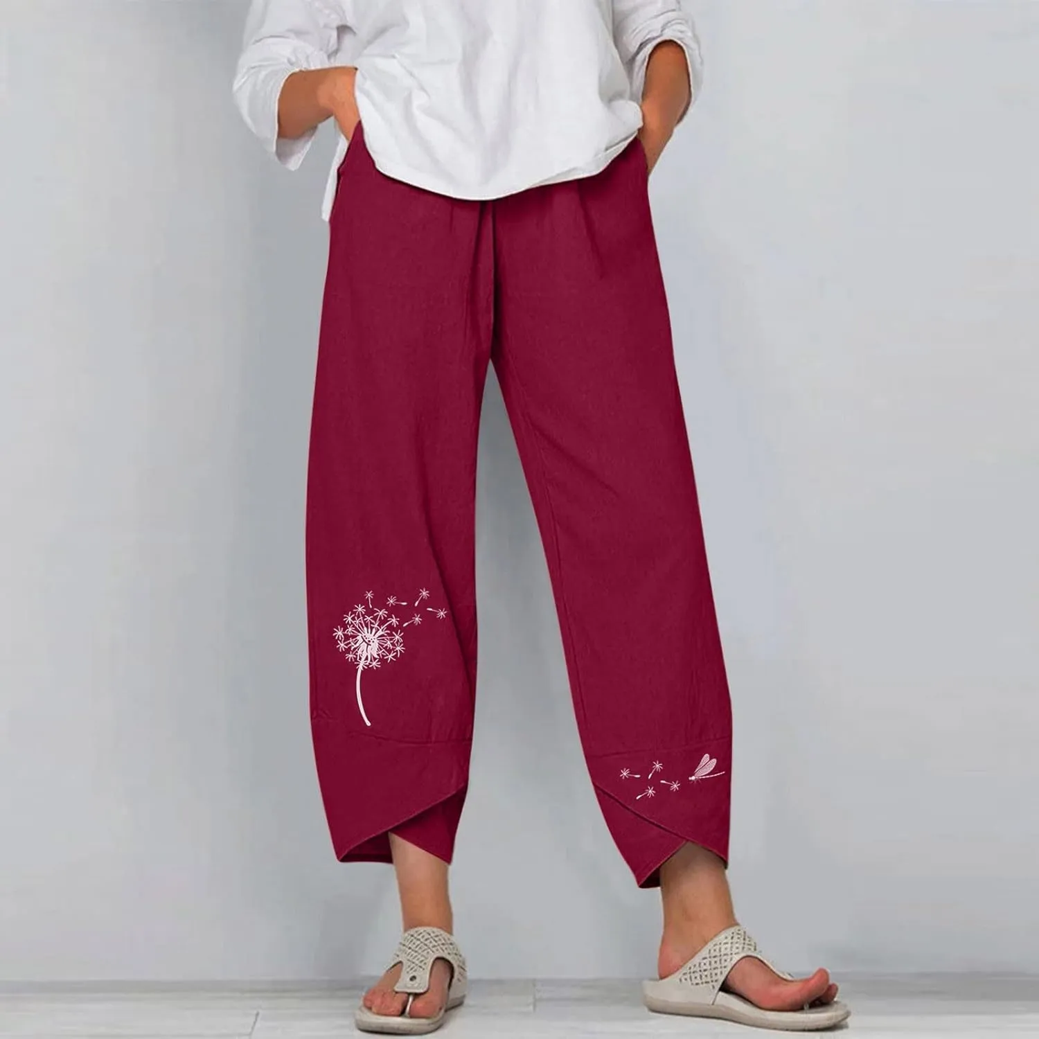 Capri Pants for Women Boho Summer Elastic Waist Casual Pants Butterfly Lightweight Straight Leg Trousers