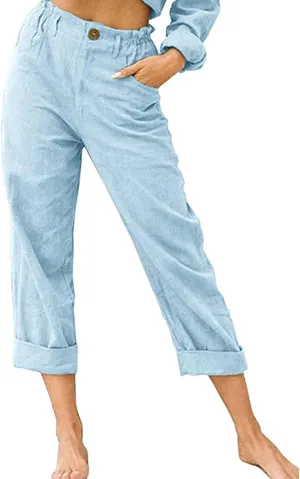 Capri Pants for Women Casual 2024 Summer Drawstring Elastic Waist Cotton Linen Pant Straight Leg Cropped Trousers