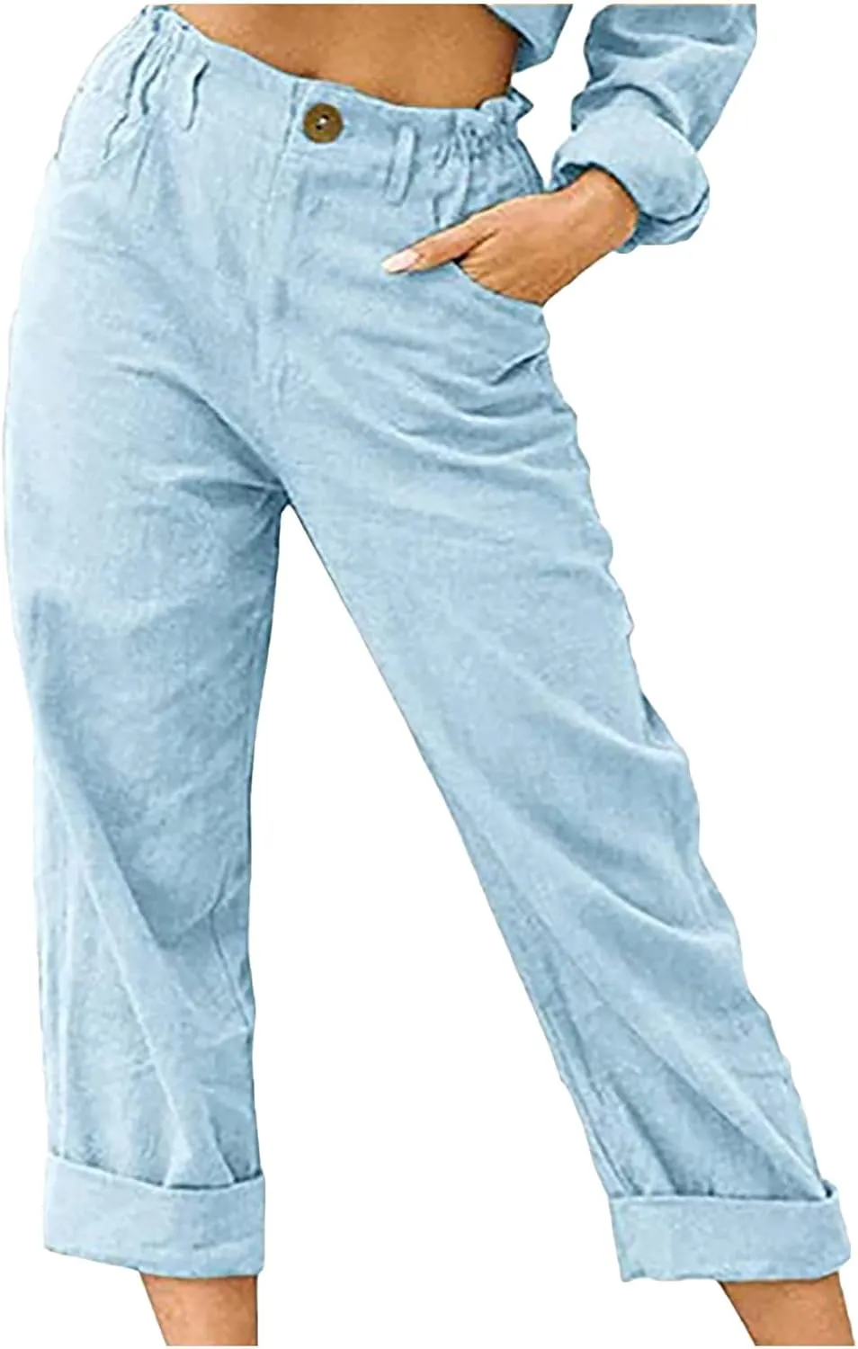 Capri Pants for Women Casual 2024 Summer Drawstring Elastic Waist Cotton Linen Pant Straight Leg Cropped Trousers