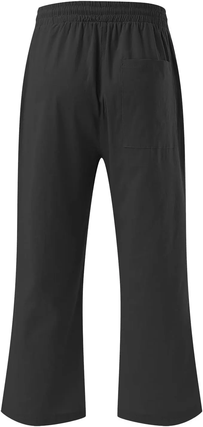 Capri Pants for Women Casual 2025 Summer Drawstring Elastic Waist Linen Pant Straight Wide Leg Pocket Cropped Trouser