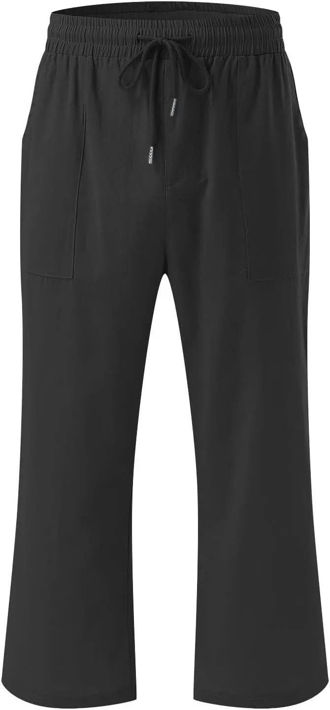 Capri Pants for Women Casual 2025 Summer Drawstring Elastic Waist Linen Pant Straight Wide Leg Pocket Cropped Trouser