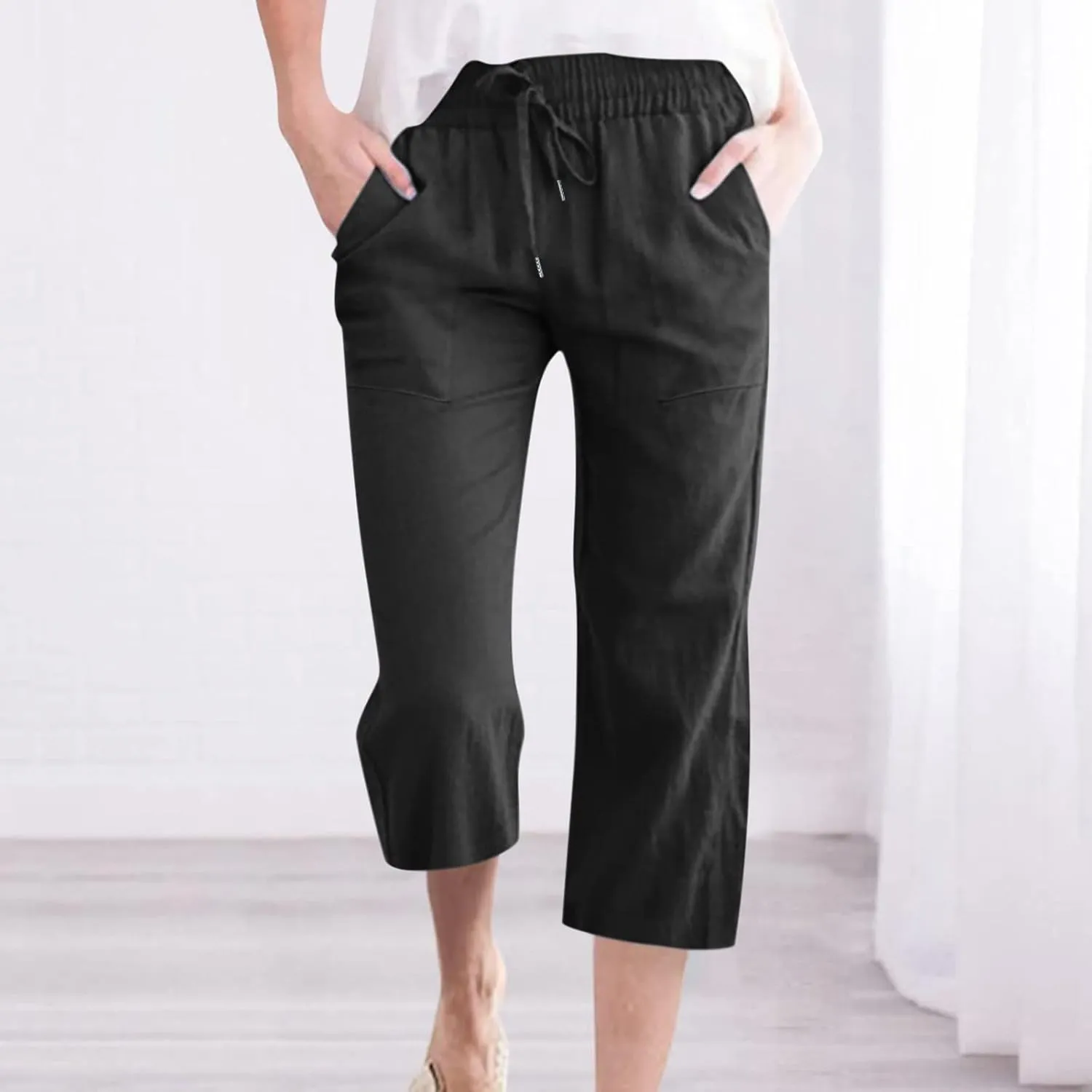 Capri Pants for Women Casual 2025 Summer Drawstring Elastic Waist Linen Pant Straight Wide Leg Pocket Cropped Trouser