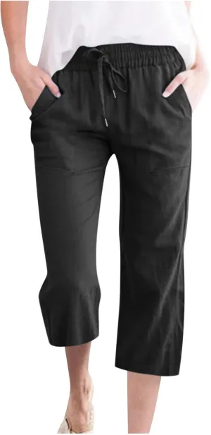 Capri Pants for Women Casual 2025 Summer Drawstring Elastic Waist Linen Pant Straight Wide Leg Pocket Cropped Trouser