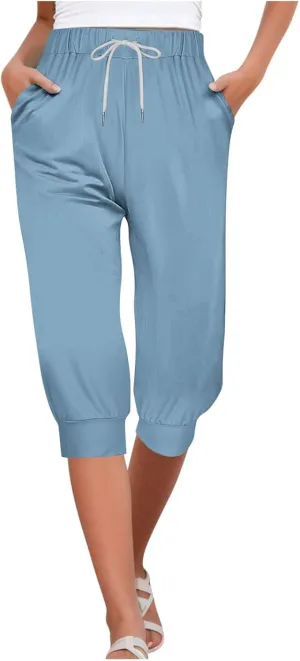 Capri Pants for Women Drawstring Cropped Jogger Running Yoga Pants Elastic Waist Summer Sweatpants with Pockets