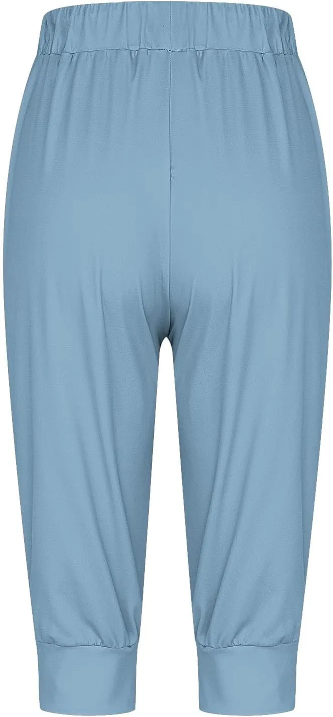 Capri Pants for Women Drawstring Cropped Jogger Running Yoga Pants Elastic Waist Summer Sweatpants with Pockets