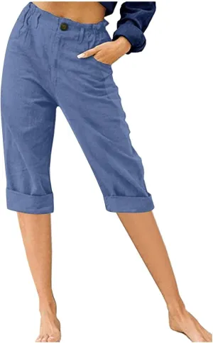 Capri Pants for Women Summer Trendy Elastic Waist Cropped Trousers Straight Leg Resort Wear Beach Vacation Outfit