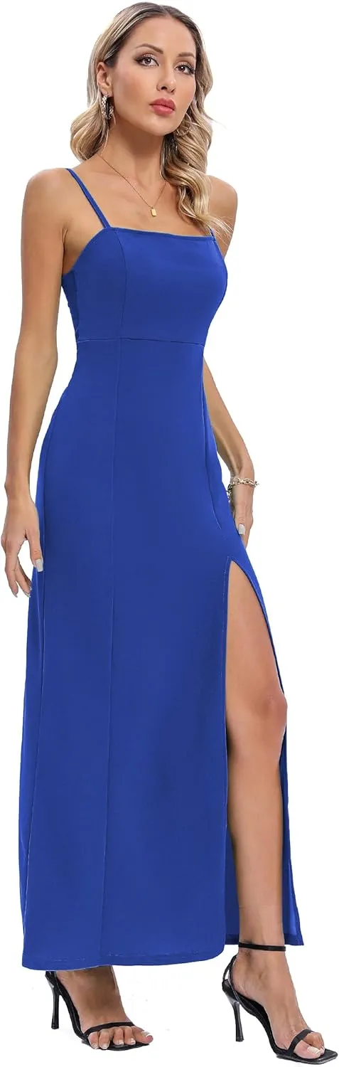 Capuffy Women's Spaghetti Straps Bodycon Maxi Dress Sexy Backless Thigh-High Slit Cocktail Party Dress 291