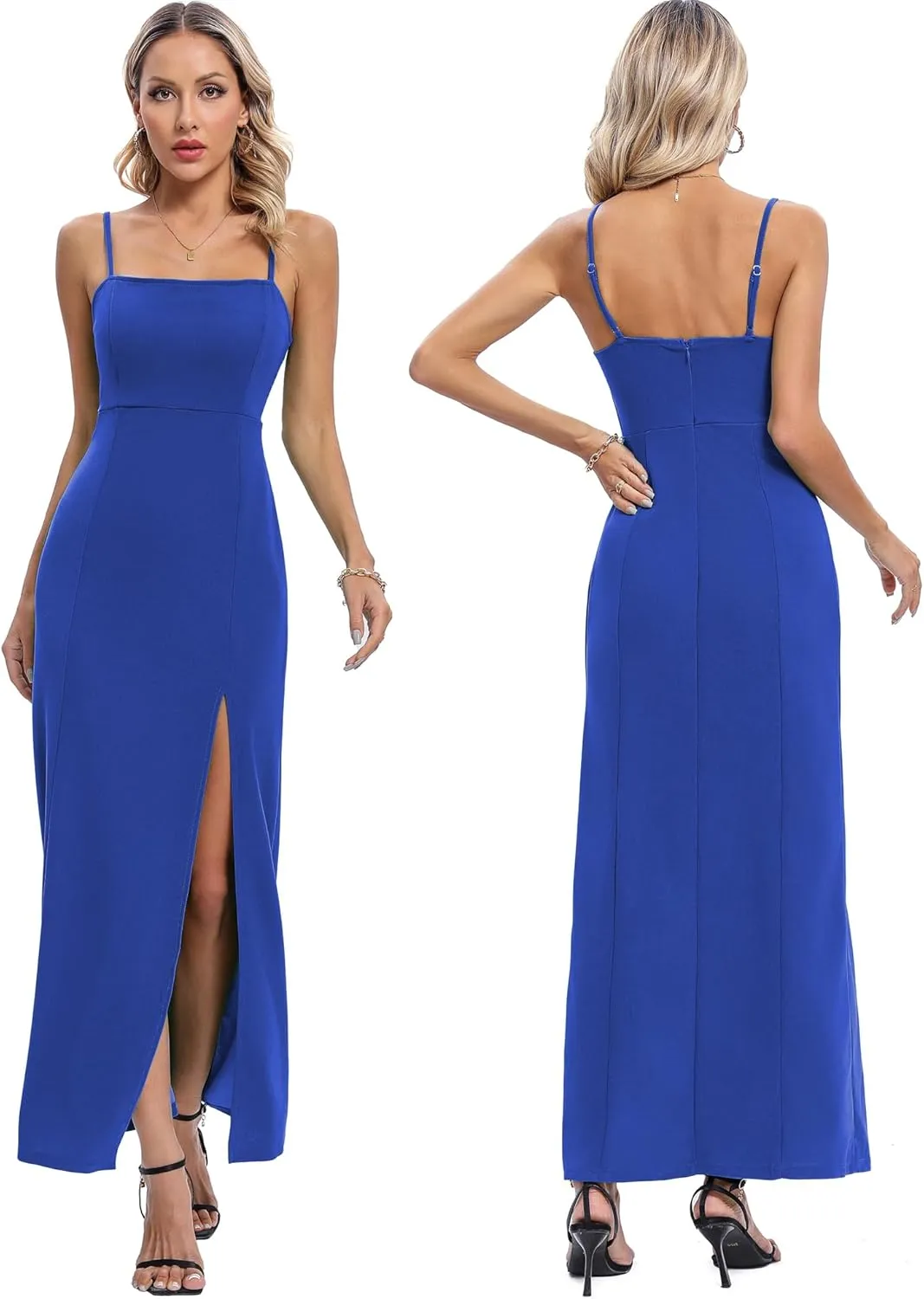 Capuffy Women's Spaghetti Straps Bodycon Maxi Dress Sexy Backless Thigh-High Slit Cocktail Party Dress 291