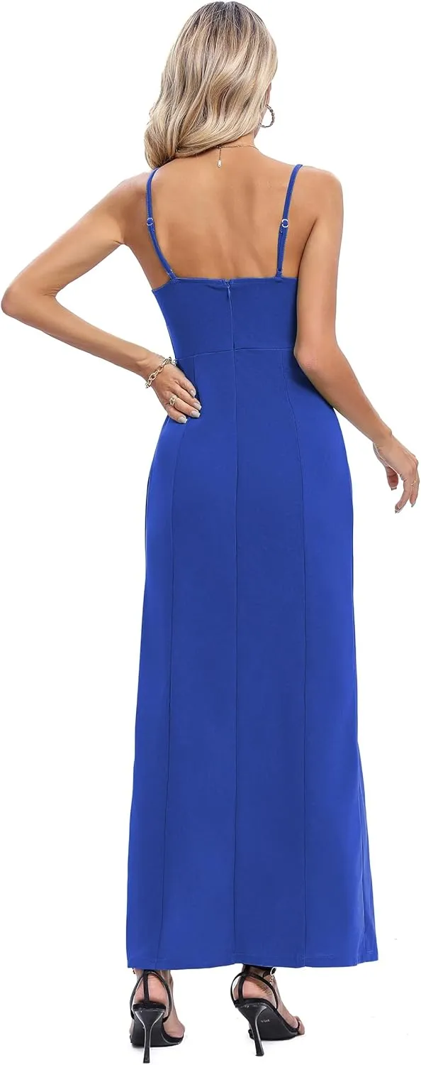 Capuffy Women's Spaghetti Straps Bodycon Maxi Dress Sexy Backless Thigh-High Slit Cocktail Party Dress 291