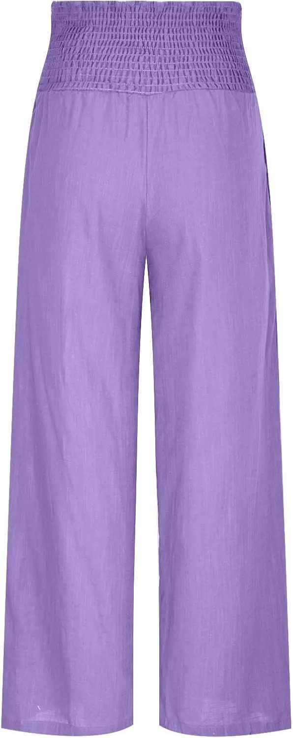 Casual Linen Wide Leg Pants for Women Smocked High Waisted Palazzo Pant Loose Baggy Elastic Waist Trousers