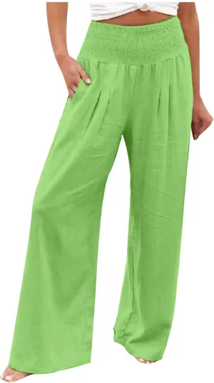 Casual Linen Wide Leg Pants for Women Smocked High Waisted Palazzo Pant Loose Baggy Elastic Waist Trousers