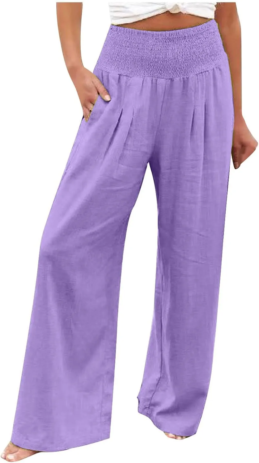 Casual Linen Wide Leg Pants for Women Smocked High Waisted Palazzo Pant Loose Baggy Elastic Waist Trousers