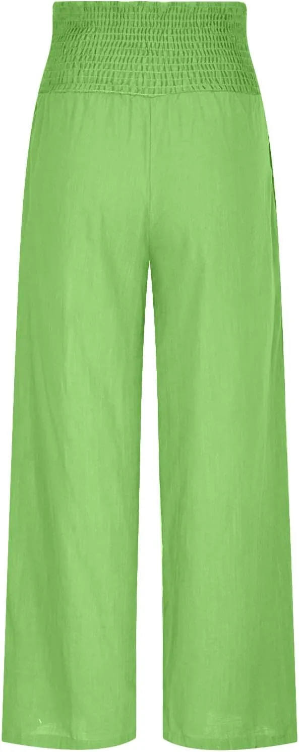 Casual Linen Wide Leg Pants for Women Smocked High Waisted Palazzo Pant Loose Baggy Elastic Waist Trousers