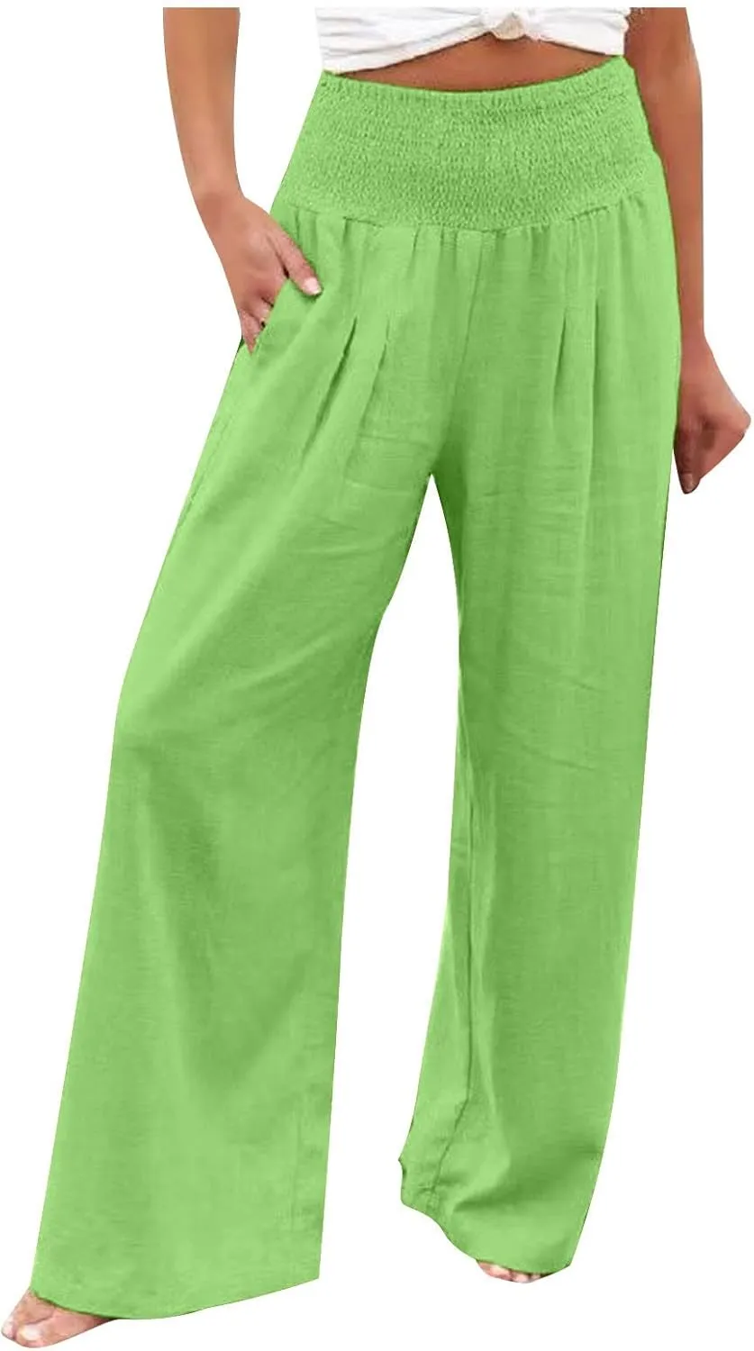 Casual Linen Wide Leg Pants for Women Smocked High Waisted Palazzo Pant Loose Baggy Elastic Waist Trousers