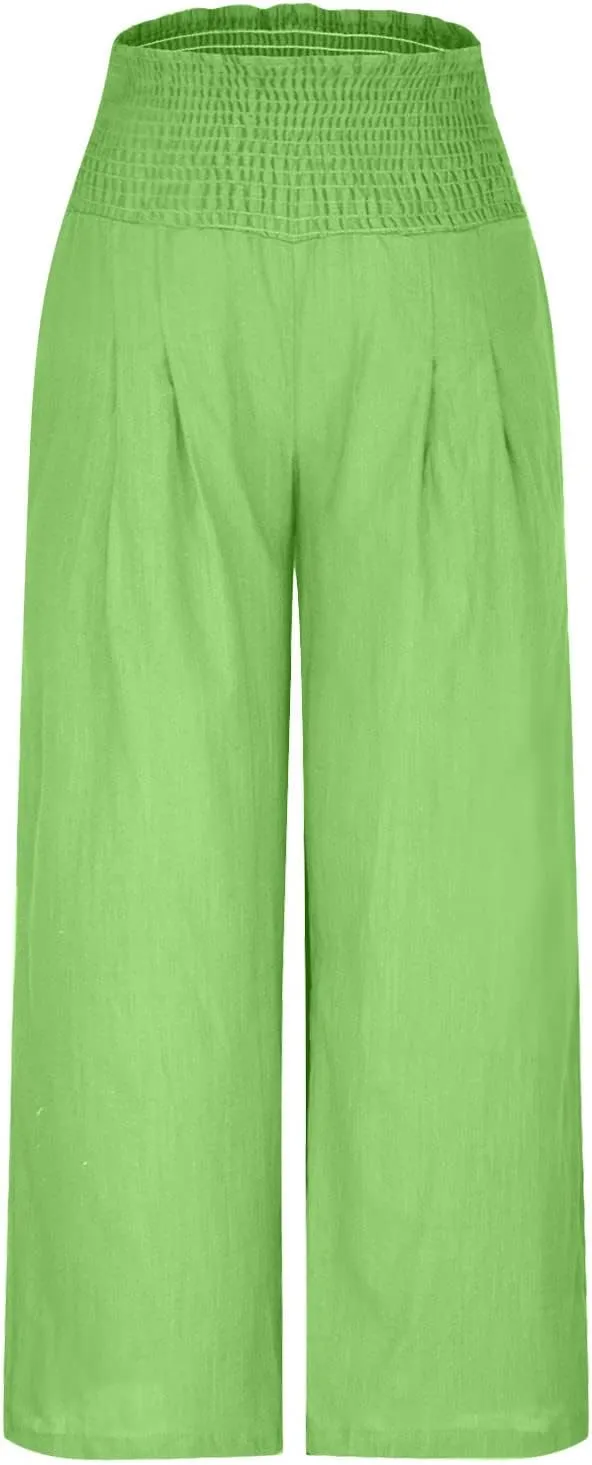 Casual Linen Wide Leg Pants for Women Smocked High Waisted Palazzo Pant Loose Baggy Elastic Waist Trousers