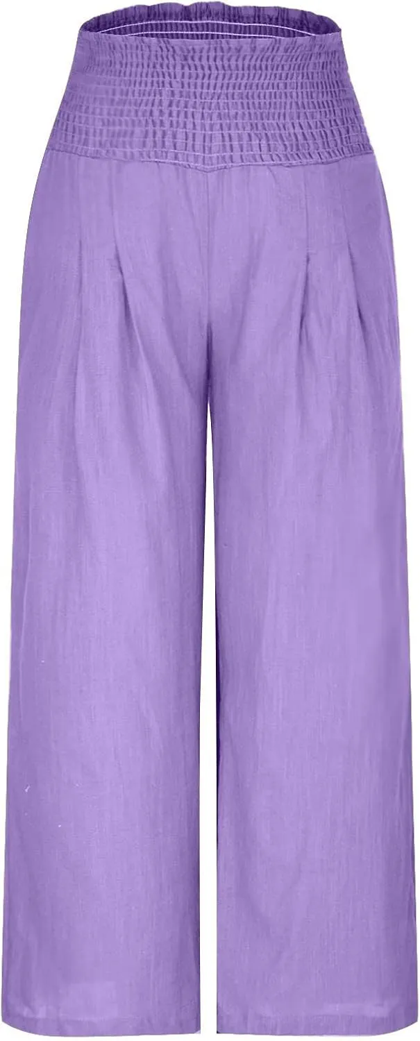 Casual Linen Wide Leg Pants for Women Smocked High Waisted Palazzo Pant Loose Baggy Elastic Waist Trousers