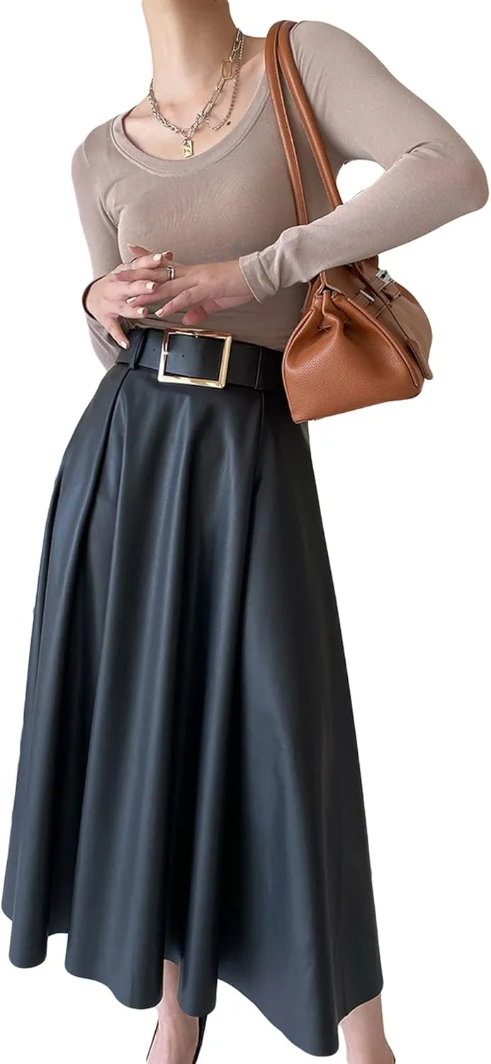 CHARTOU Women's Elegant PU Faux Leather High Rise Flare Pleated A-Line Midi Skirt with Belt