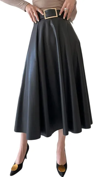 CHARTOU Women's Elegant PU Faux Leather High Rise Flare Pleated A-Line Midi Skirt with Belt