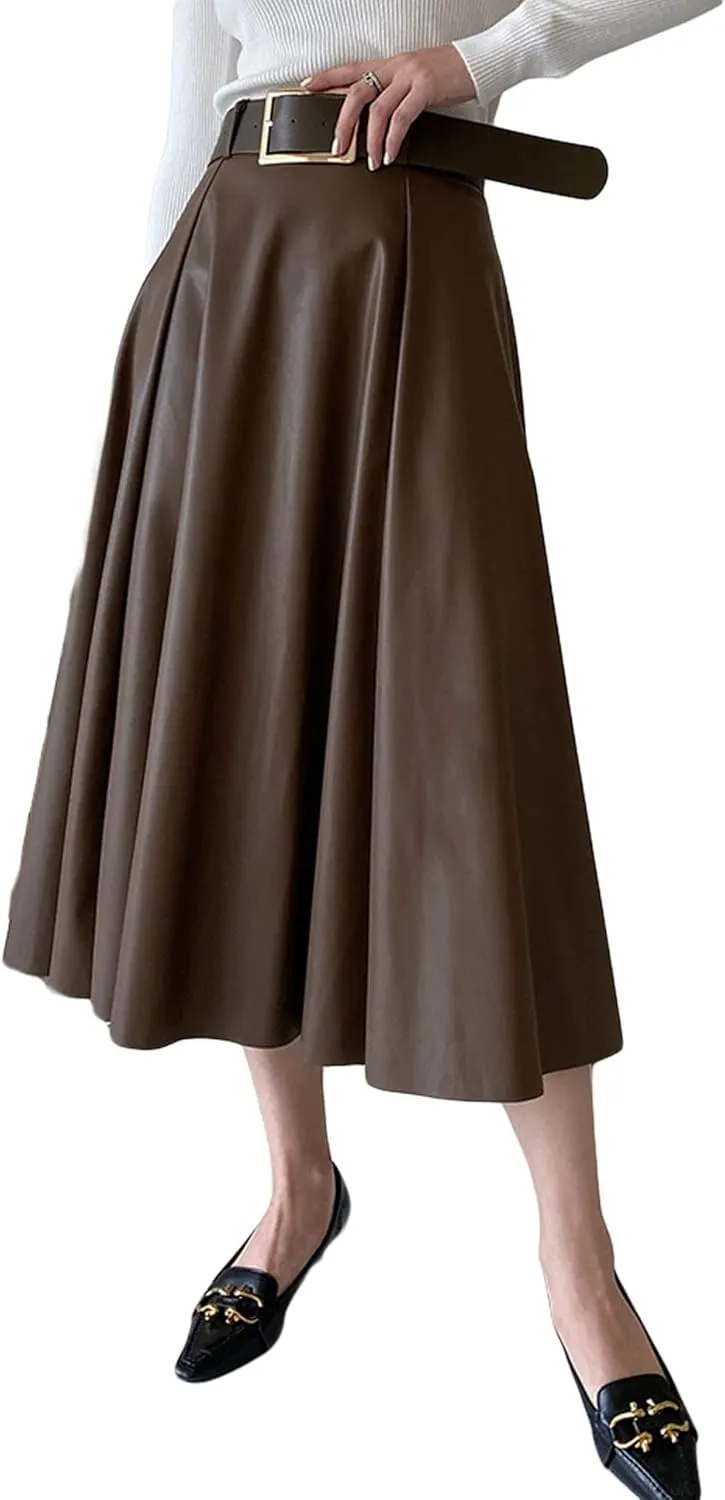 CHARTOU Women's Elegant PU Faux Leather High Rise Flare Pleated A-Line Midi Skirt with Belt
