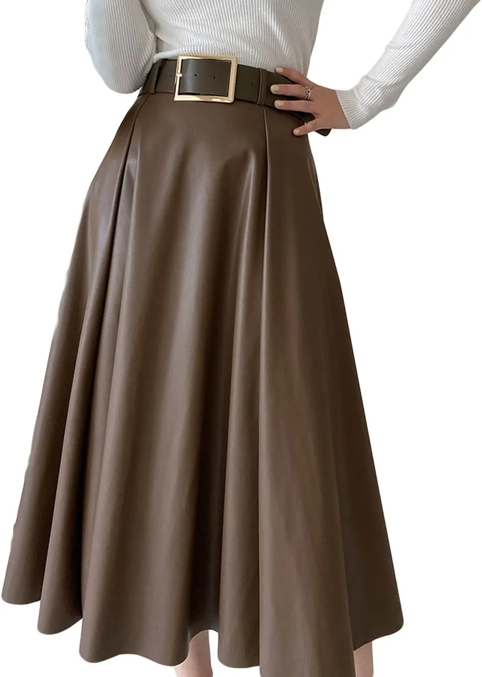 CHARTOU Women's Elegant PU Faux Leather High Rise Flare Pleated A-Line Midi Skirt with Belt