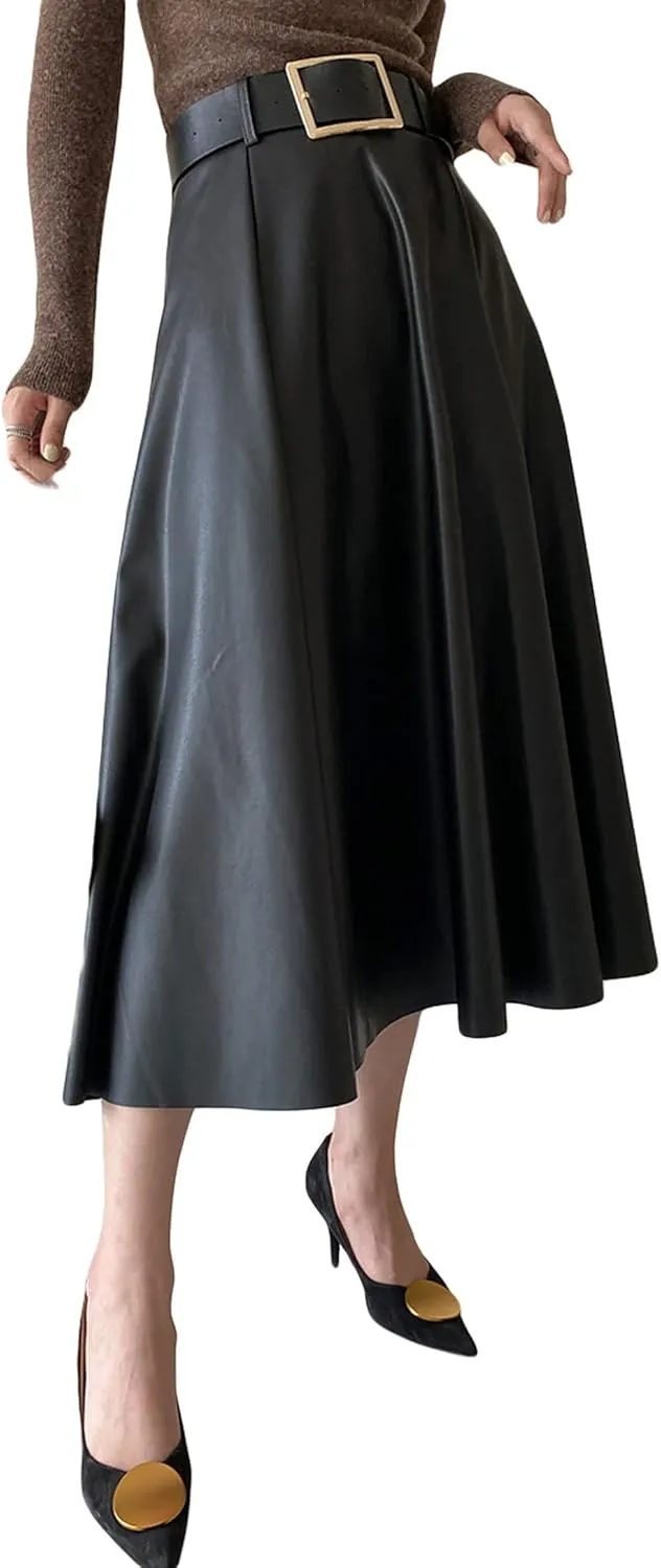 CHARTOU Women's Elegant PU Faux Leather High Rise Flare Pleated A-Line Midi Skirt with Belt