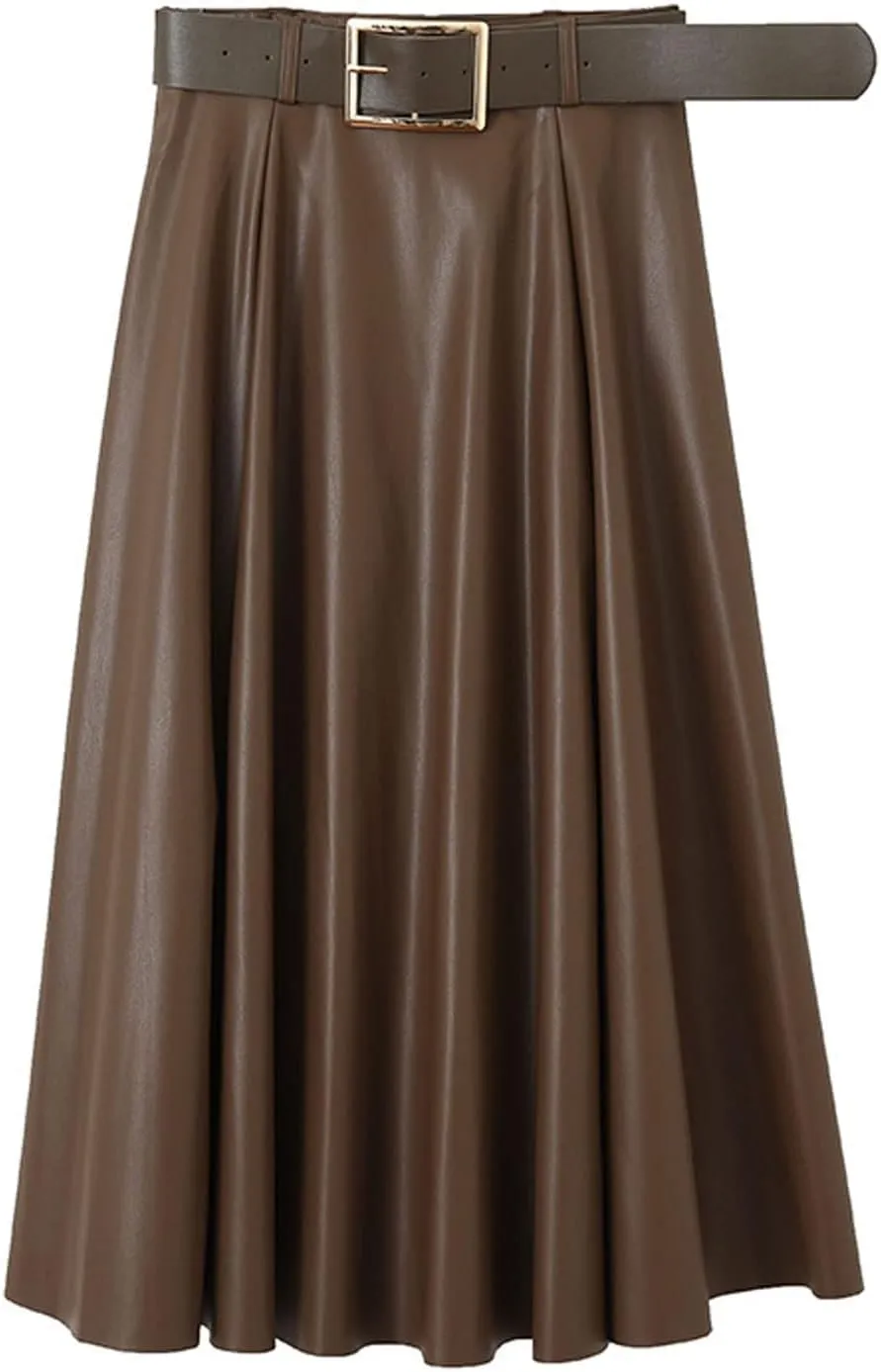 CHARTOU Women's Elegant PU Faux Leather High Rise Flare Pleated A-Line Midi Skirt with Belt