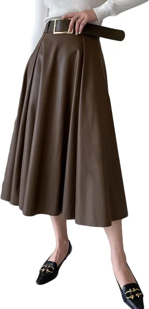 CHARTOU Women's Elegant PU Faux Leather High Rise Flare Pleated A-Line Midi Skirt with Belt