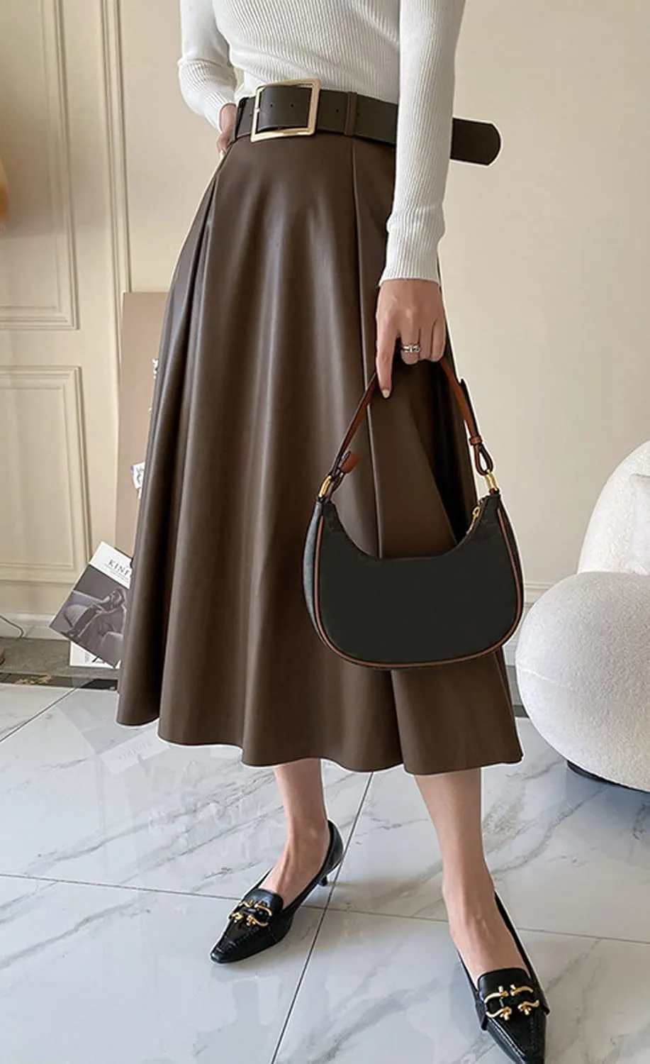 CHARTOU Women's Elegant PU Faux Leather High Rise Flare Pleated A-Line Midi Skirt with Belt
