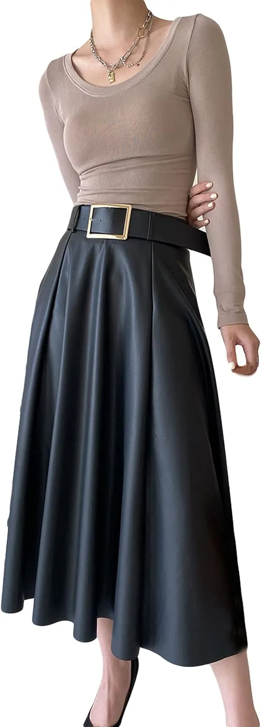 CHARTOU Women's Elegant PU Faux Leather High Rise Flare Pleated A-Line Midi Skirt with Belt