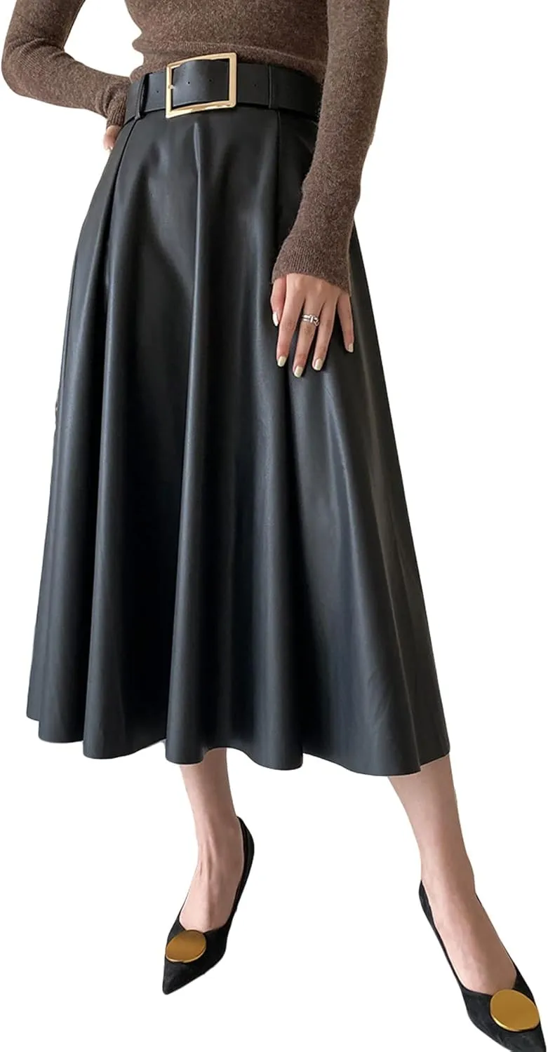 CHARTOU Women's Elegant PU Faux Leather High Rise Flare Pleated A-Line Midi Skirt with Belt