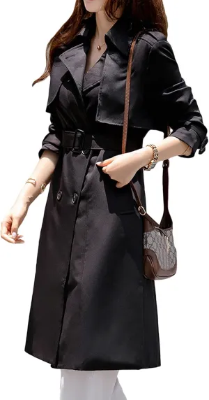 CHARTOU Women's Slim Notched Collar Double Breasted Trench Coat Windbreaker with Belt