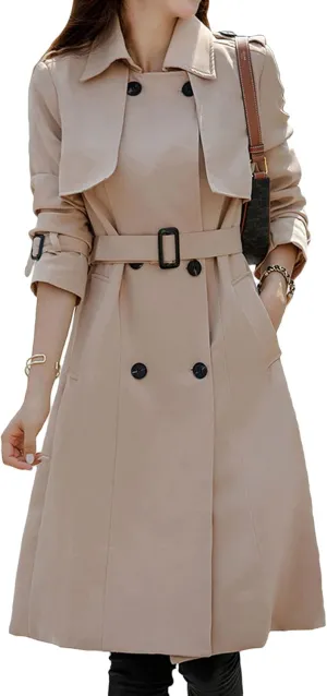 CHARTOU Women's Slim Notched Collar Double Breasted Trench Coat Windbreaker with Belt