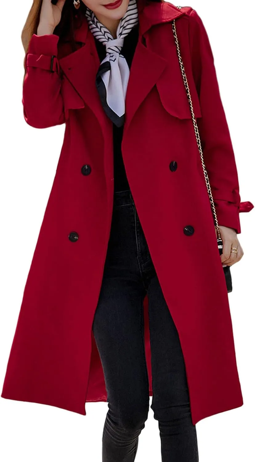 CHARTOU Women's Slim Notched Collar Double Breasted Trench Coat Windbreaker with Belt