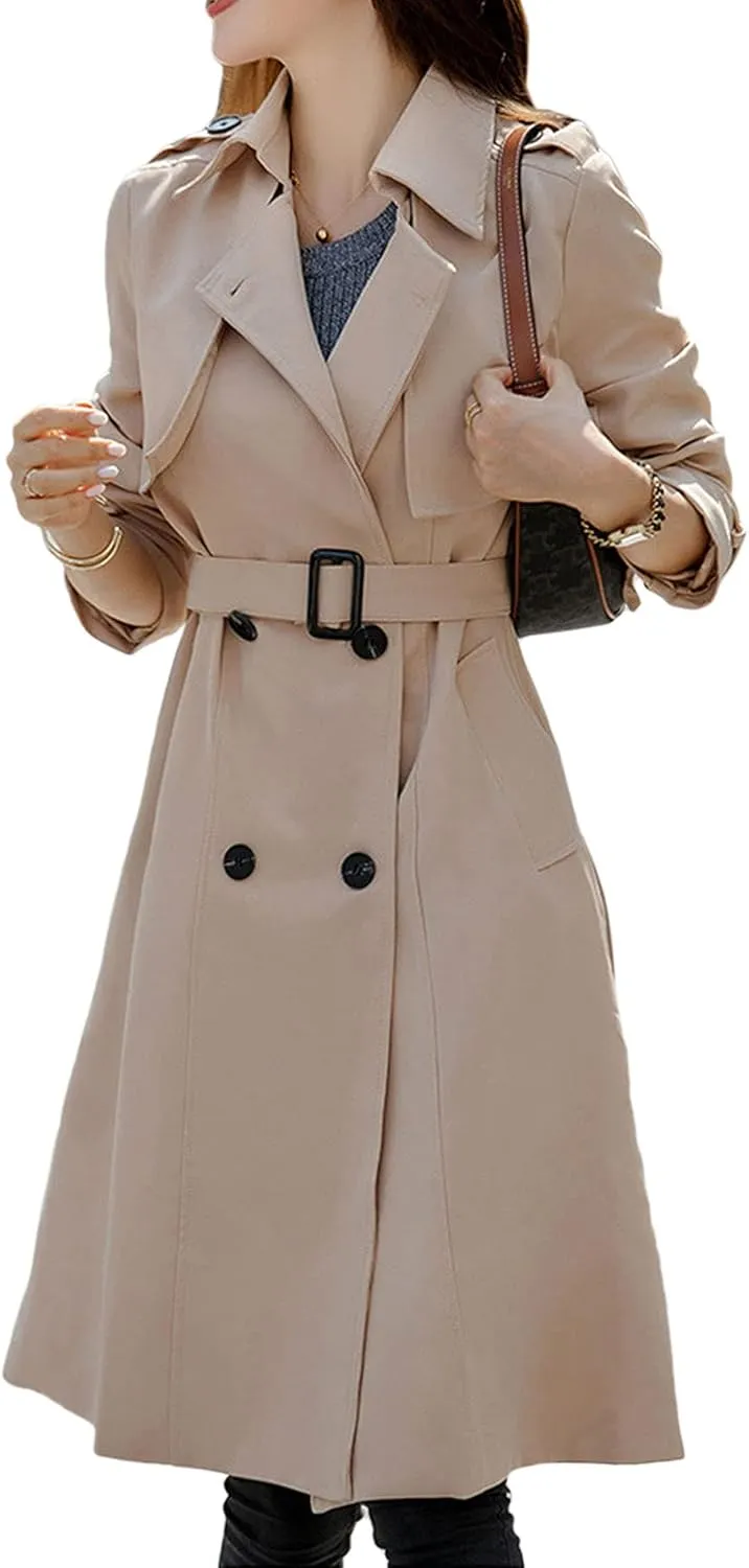 CHARTOU Women's Slim Notched Collar Double Breasted Trench Coat Windbreaker with Belt